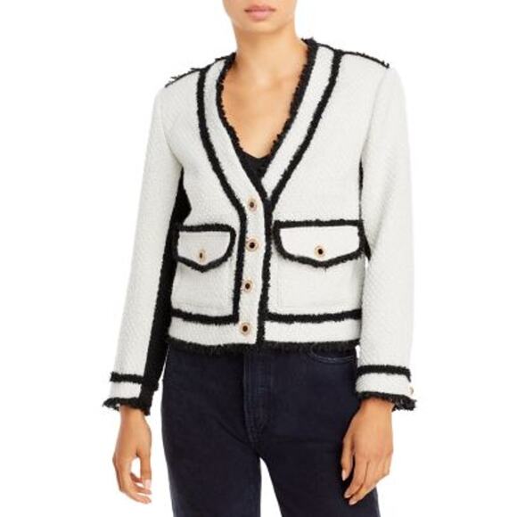 Aqua Boucle Contrast Cream Black Tweed Colorblock Long Sleeve Blazer Jacket S - Picture 1 of 5